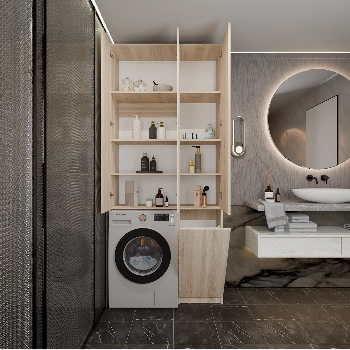 Шкаф-пенал с нишей и корзиной для белья Эос Плюс Сонома